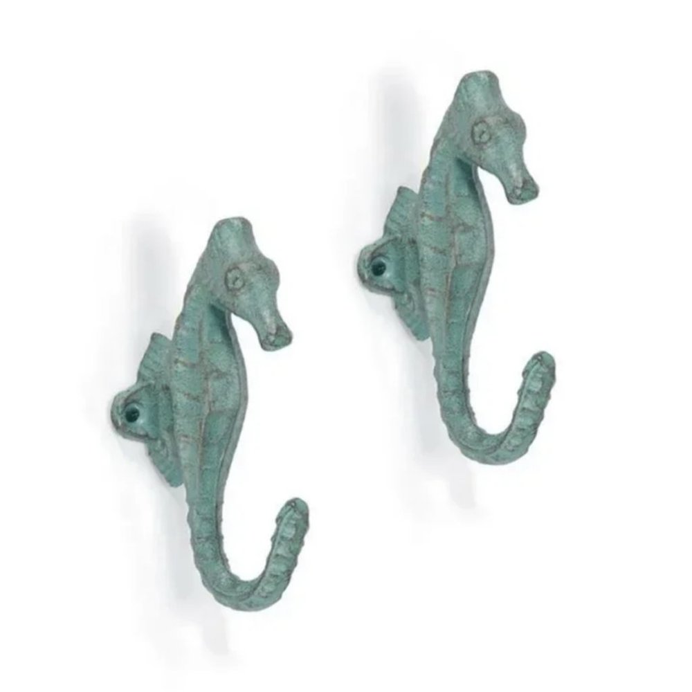 Set of 2 Cast Iron Seahorse Wall Hooks Nautical Coastal Bathroom Decor Verdigris